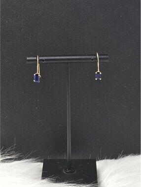 14K Gold Lab Created Blue Sapphire Emerald Cut Drop Earrings
